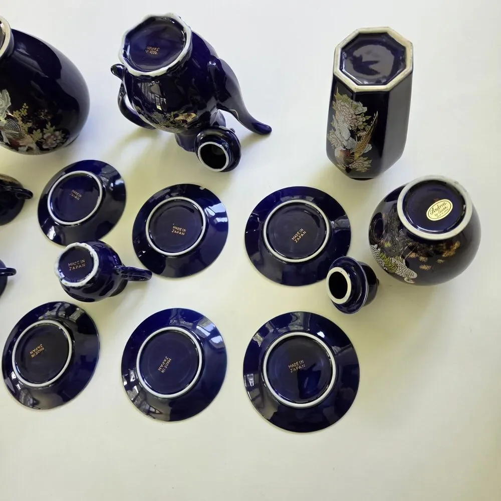 Vintage Hand Spray KT in Glaze Cobalt Blue Japanese 17 Pc. Tea Set 1960’s
